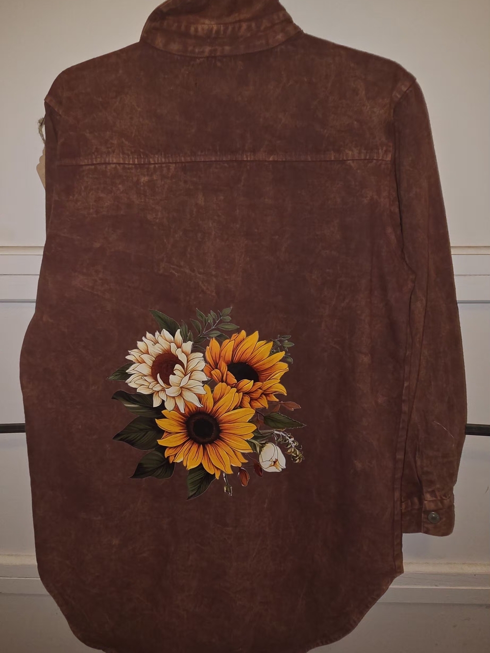 Thrill Brown Distressed Jean Jacket with Sunflower Back Print